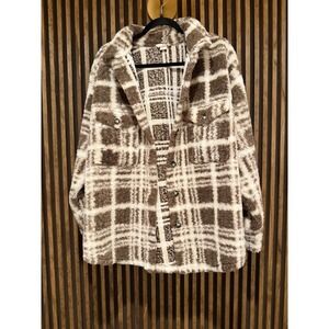 H&M Brown Plaid Sherpa Jacket Overshirt Womens Large Cozy Fall Winter